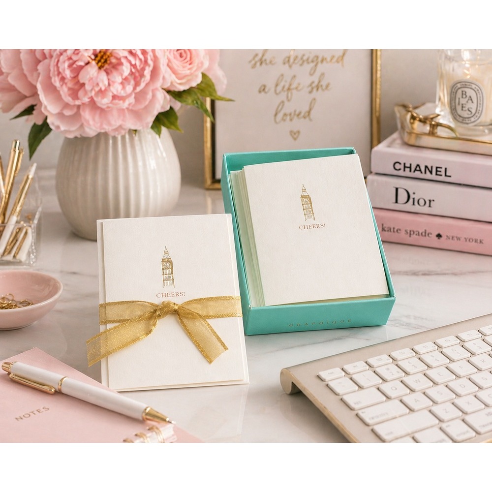 Graphique de France Big Ben‎ Cheers Gold Foil Note Cards Set 10 Boxed